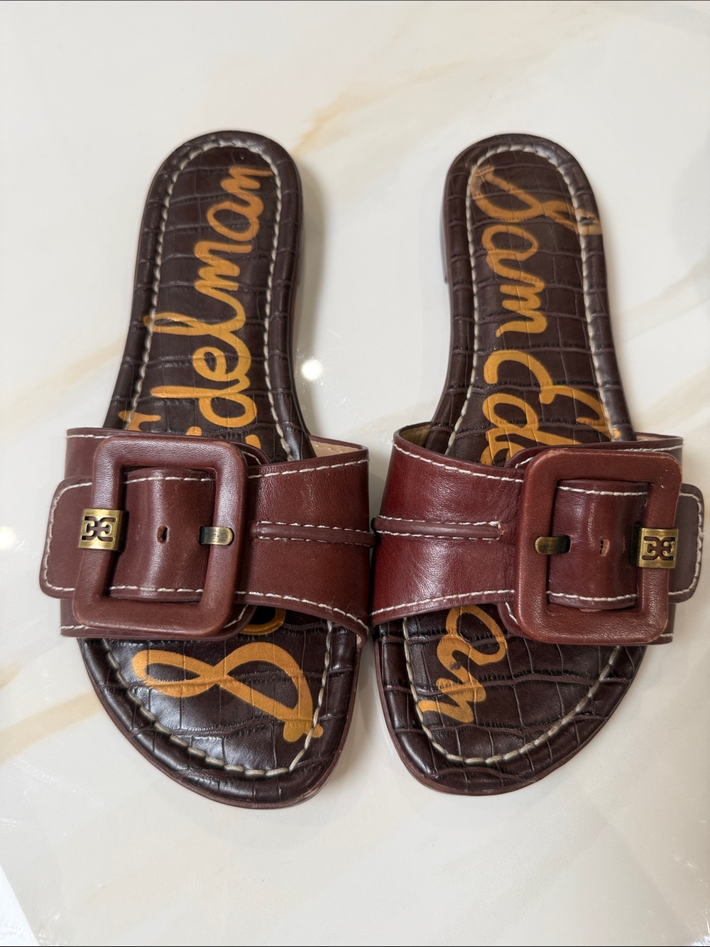 Sam Edelman Chestnut Brown Leather Buckle Slide Sandals